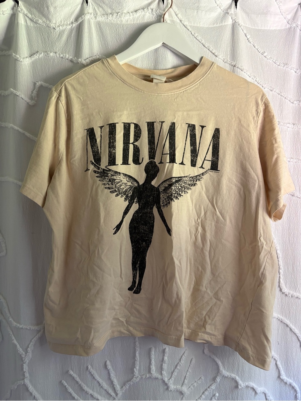 Nirvana Angel Wings Graphic Band T-Shirt Distressed Cream Beige XL Grunge Rock T